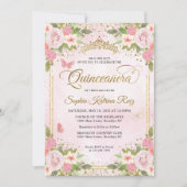 Bloemblush roze goud glitter kroon quinceañera kaart (Voorkant)