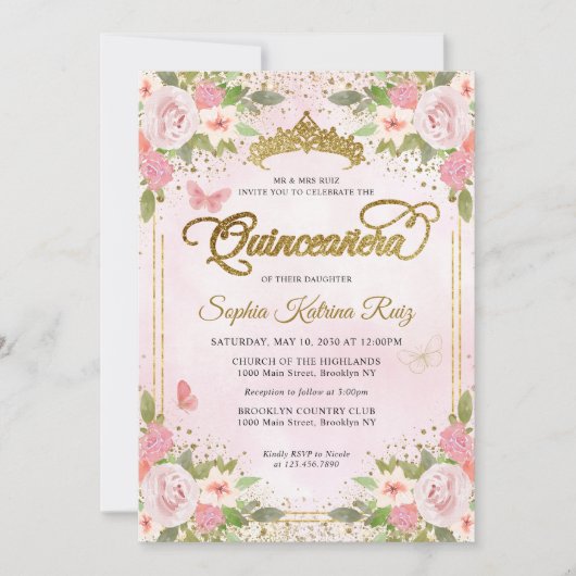 Bloemblush roze goud glitter kroon quinceañera kaart (Voorkant)