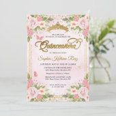 Bloemblush roze goud glitter kroon quinceañera kaart (Staand voorkant)
