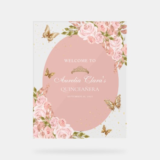 Bloemblush roze goud tiara vlinder quinceañera acryl bord (Voorkant)