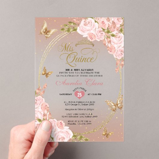 Bloemblush roze goud tiara vlinder quinceañera acryl uitnodigingen (Insitu (Draagbaar))