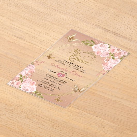 Bloemblush roze goud tiara vlinder quinceañera acryl uitnodigingen (Laagn)