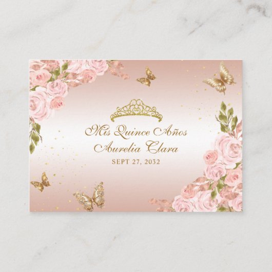 Bloemblush roze goud tiara vlinder quinceañera informatiekaartje (Achterkant)