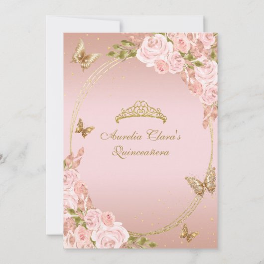 Bloemblush roze goud tiara vlinder quinceañera kaart (Achterkant)