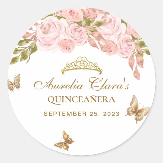 Bloemblush roze goud tiara vlinder quinceañera ronde sticker (Voorkant)