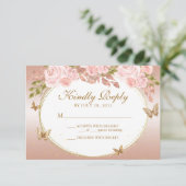 Bloemblush roze goud tiara vlinder quinceañera RSVP kaartje (Staand voorkant)