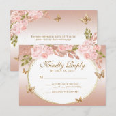 Bloemblush roze goud tiara vlinder quinceañera RSVP kaartje (Voorkant / Achterkant)