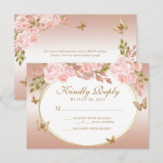 Bloemblush roze goud tiara vlinder quinceañera RSVP kaartje (Voorkant / Achterkant)