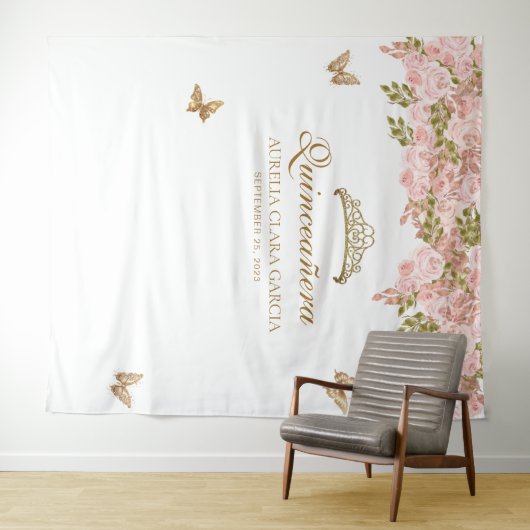Bloemblush roze goud tiara vlinder quinceañera wandkleed (In Situ (horizontaal))