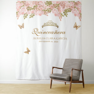 Bloemblush roze goud tiara vlinder quinceañera wandkleed