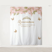 Bloemblush roze goud tiara vlinder quinceañera wandkleed (Voorkant)
