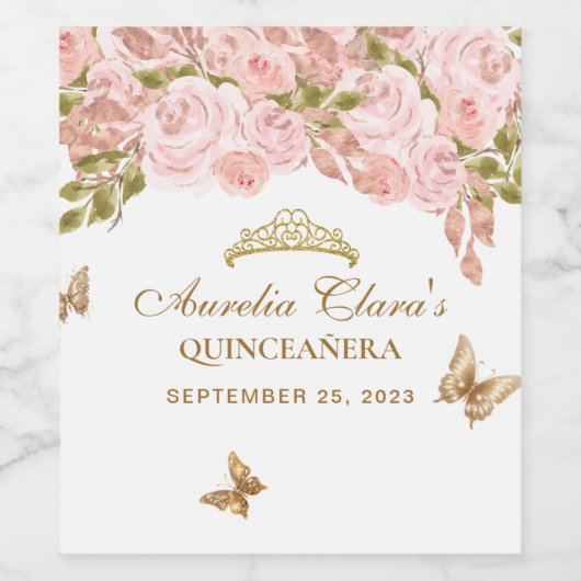 Bloemblush roze goud tiara vlinder quinceañera wijn etiket (Enkel label)