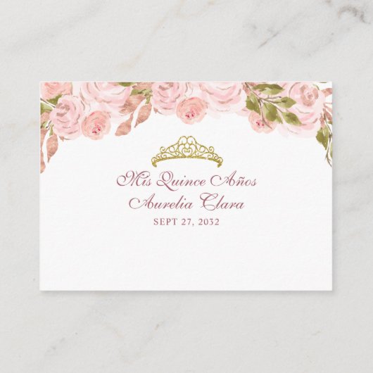 Bloemblush roze gouden boog Quinceañera Informatiekaartje (Achterkant)