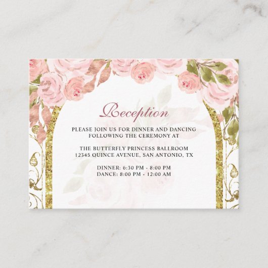 Bloemblush roze gouden boog Quinceañera Informatiekaartje (Voorkant)