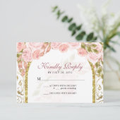 Bloemblush roze gouden boog Quinceañera RSVP Kaartje (Staand voorkant)