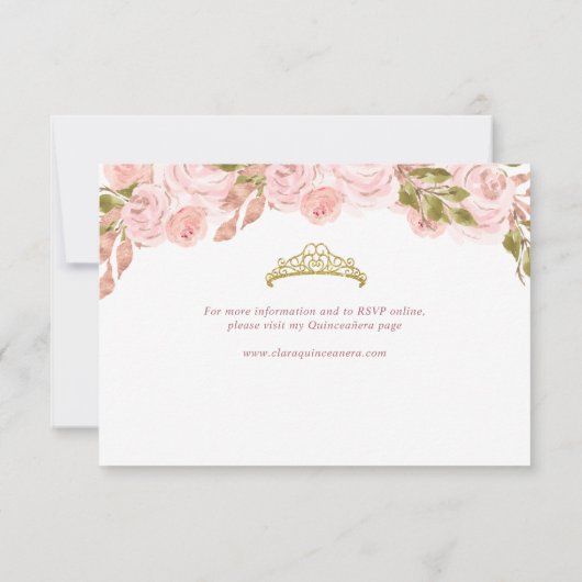 Bloemblush roze gouden boog Quinceañera RSVP Kaartje (Achterkant)