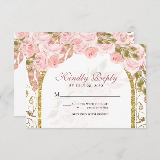 Bloemblush roze gouden boog Quinceañera RSVP Kaartje (Voorkant / Achterkant)