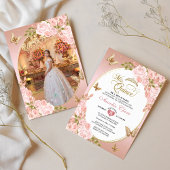 Bloemblush roze gouden vlinder Foto Quinceañera Kaart