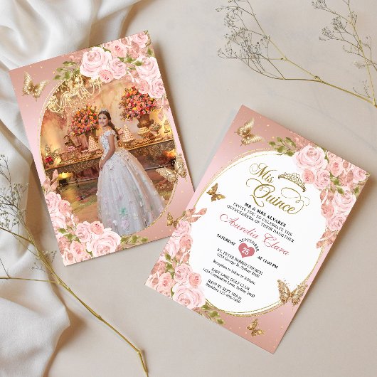 Bloemblush roze gouden vlinder Foto Quinceañera Kaart