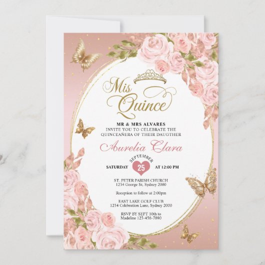 Bloemblush roze gouden vlinder Foto Quinceañera Kaart (Voorkant)