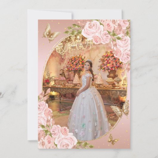 Bloemblush roze gouden vlinder Foto Quinceañera Kaart (Achterkant)
