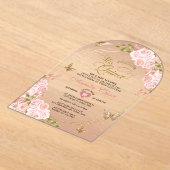 Bloemblush Roze Gouden Vlinder Quinceañera Boog Acryl Uitnodigingen (Laagn)