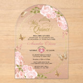 Bloemblush Roze Gouden Vlinder Quinceañera Boog Acryl Uitnodigingen (Voorkant)