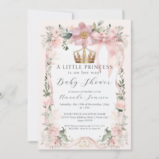 Bloemblush roze lint gouden kroon Baby shower Kaart (Voorkant)