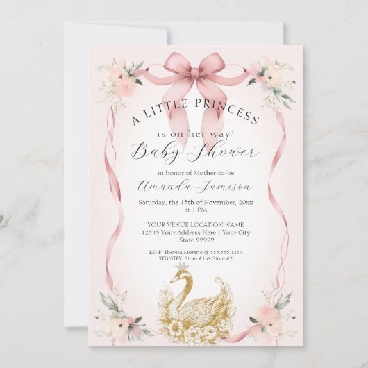 Bloemblush roze lint zwaan gouden Baby shower Kaart (Voorkant)