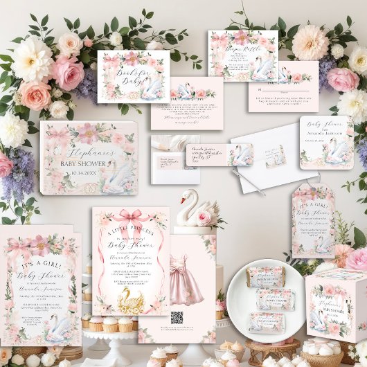 Bloemblush roze lint zwaan gouden Baby shower Kaart