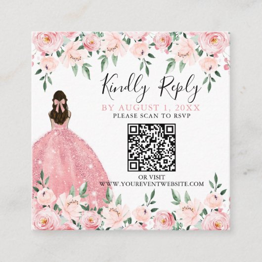 Bloemblush Roze Quinceanera QR Code RSVP Informatiekaartje (Voorkant)