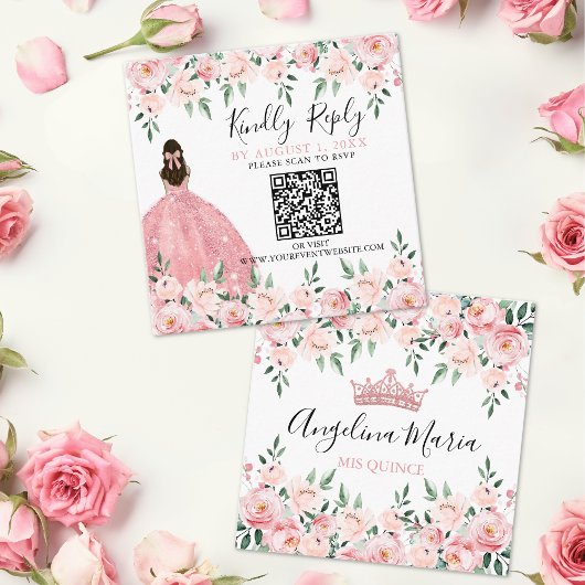 Bloemblush Roze Quinceanera QR Code RSVP Informatiekaartje