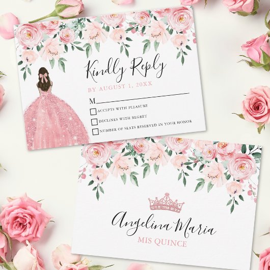 Bloemblush roze Quinceanera RSVP-kaart RSVP Kaartje