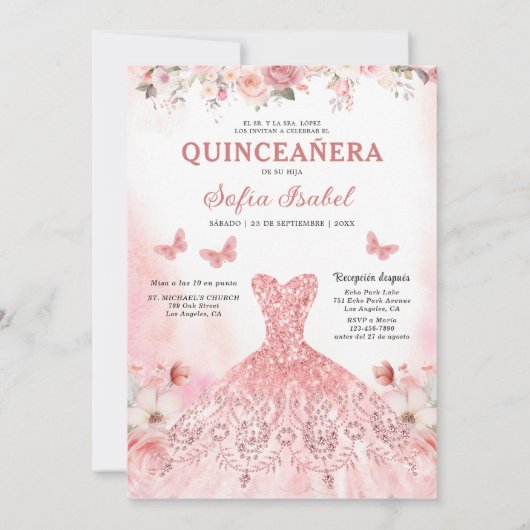 Bloemblush roze tweetalige Spaanse Quinceanera Kaart (Achterkant)