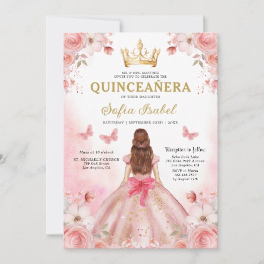 Bloemblush roze tweetalige Spaanse Quinceanera Kaart (Voorkant)
