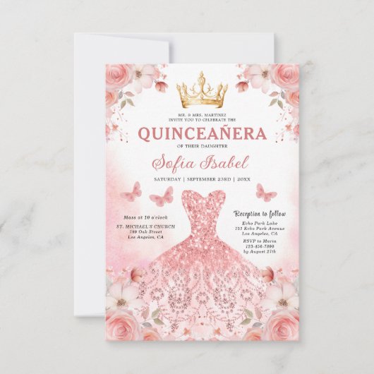 Bloemblush roze tweetalige Spaanse Quinceanera Kaart (Voorkant)