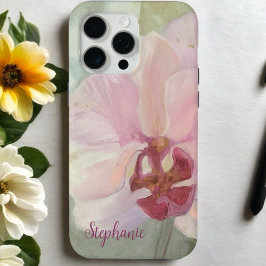 Bloemblush roze zilveren monogram girly orchidee iPhone 15 pro max hoesje