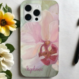 Bloemblush roze zilveren monogram girly orchidee iPhone 15 pro max hoesje