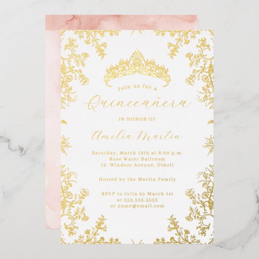  Bloemblush Wit Goud Quinceanera Folie Uitnodiging (Voorkant / Achterkant)