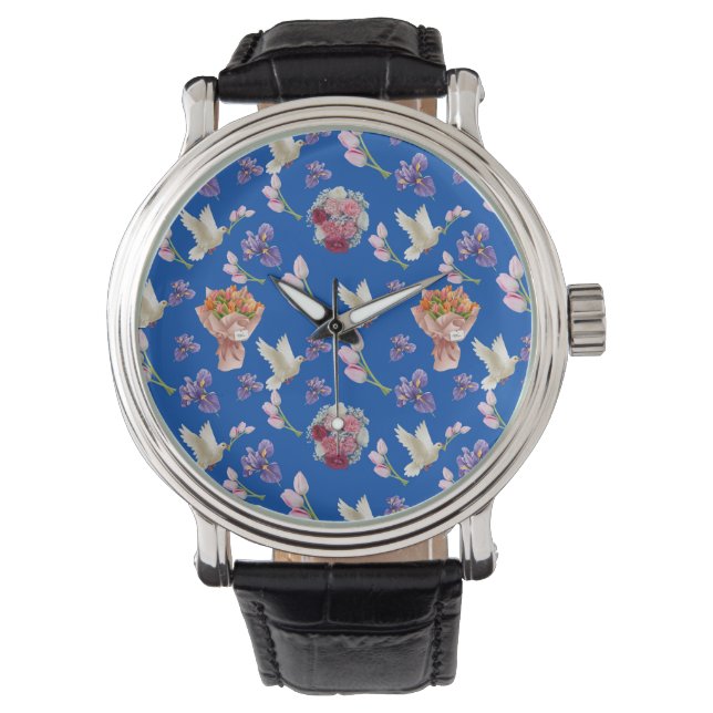 Bloemboeket en vliegende witte duif horloge (Voorkant)