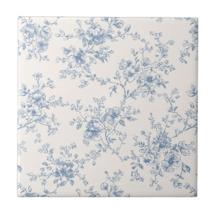 Bloemboeket in blauwe toile crème vintage botanisc tegeltje