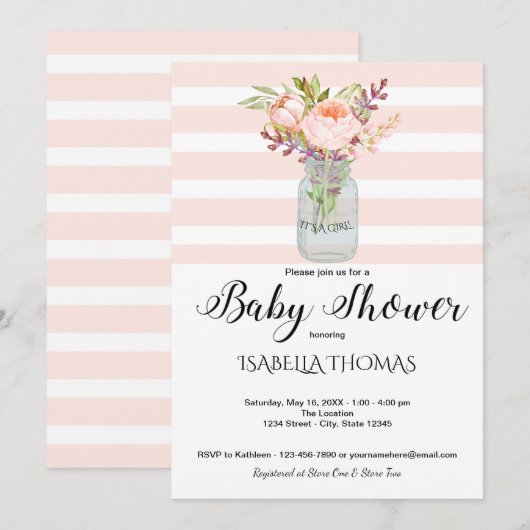 Bloemboeket in Mason pot met blauwe strepen Baby S Kaart (Voorkant / Achterkant)