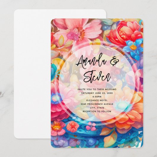 Bloemboeket in Roze Sinaasappel & Blauw Boho Bruil Kaart (Voorkant / Achterkant)