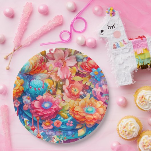 Bloemboeket in Roze Sinaasappel & Blauw Boho Papieren Bordje (Feest)