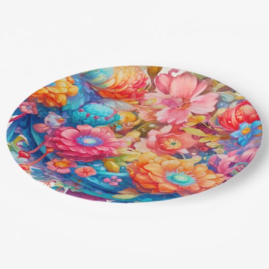 Bloemboeket in Roze Sinaasappel & Blauw Boho Papieren Bordje (Gekanteld)