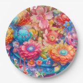 Bloemboeket in Roze Sinaasappel & Blauw Boho Papieren Bordje (Voorkant)