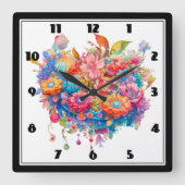 Bloemboeket in Roze Sinaasappel & Blauw Boho Vierkante Klok (Voorkant)