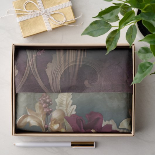 Bloemboeket, maroon rood, groen en goud tissuepapier (Geschenk)