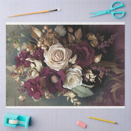 Bloemboeket, maroon rood, groen en goud tissuepapier (Craft)