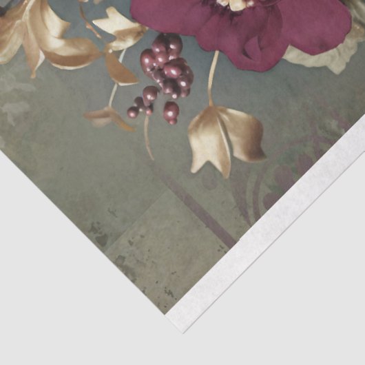 Bloemboeket, maroon rood, groen en goud tissuepapier (Detail)